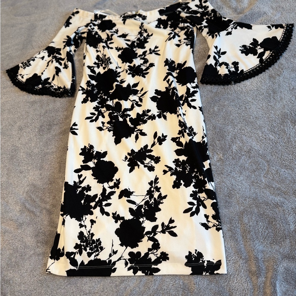 Black and White Off the Shoulder Sheath Dress with Bell Sleeves